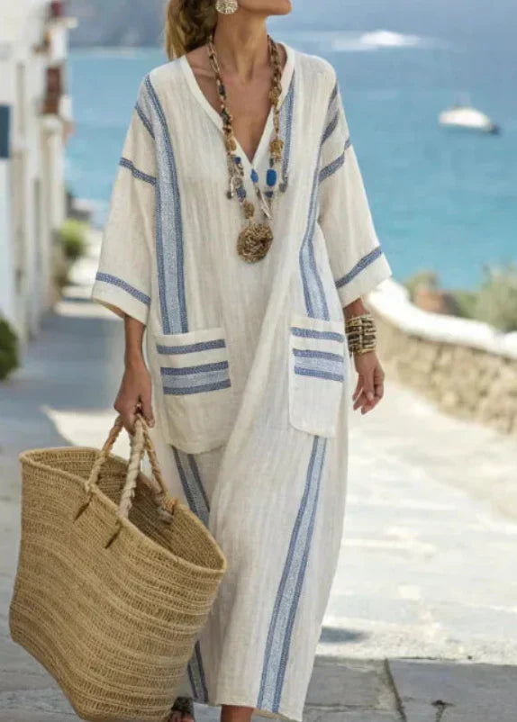 V-Neck Linen Striped Trim Three-Quarter Sleeve Kaftan Maxi Dress 7