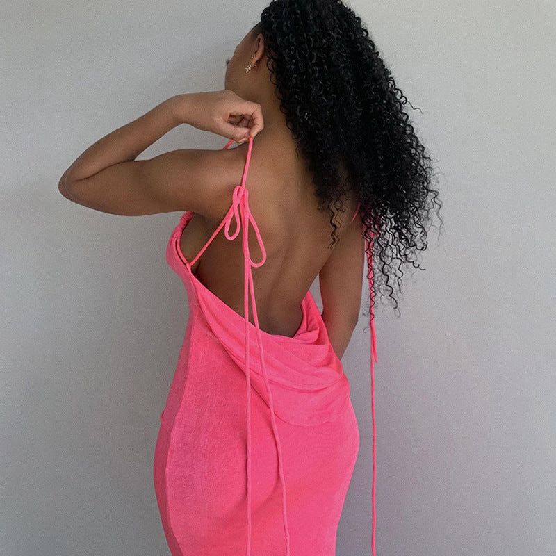 Halter Backless Lace-Up Draped Back Bodycon Maxi Dress