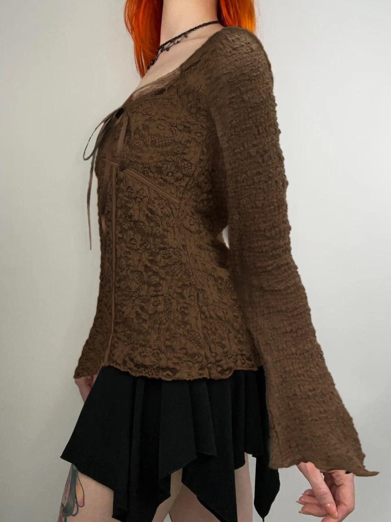 Lace Trim VNeck Slim Brown Long Sleeve Crop Top