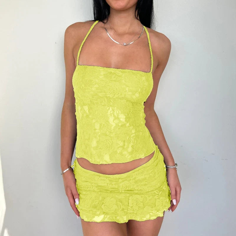 Lace Fairy TieUp Sleeveless Low Rise Mini Two Piece Skirt Set