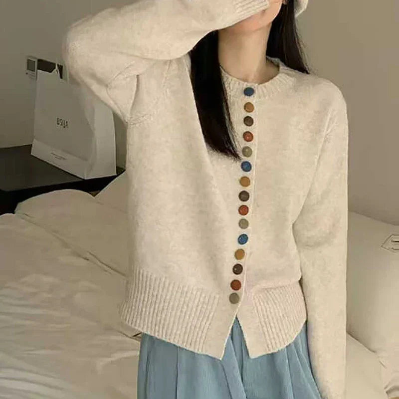 Round Neck Multicolor Button Knit Long Sleeve Cardigan