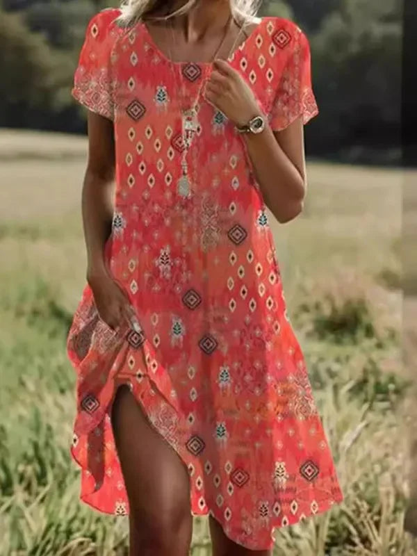 Round Neck Ditsy Floral Short Sleeve Shift Mini Dress