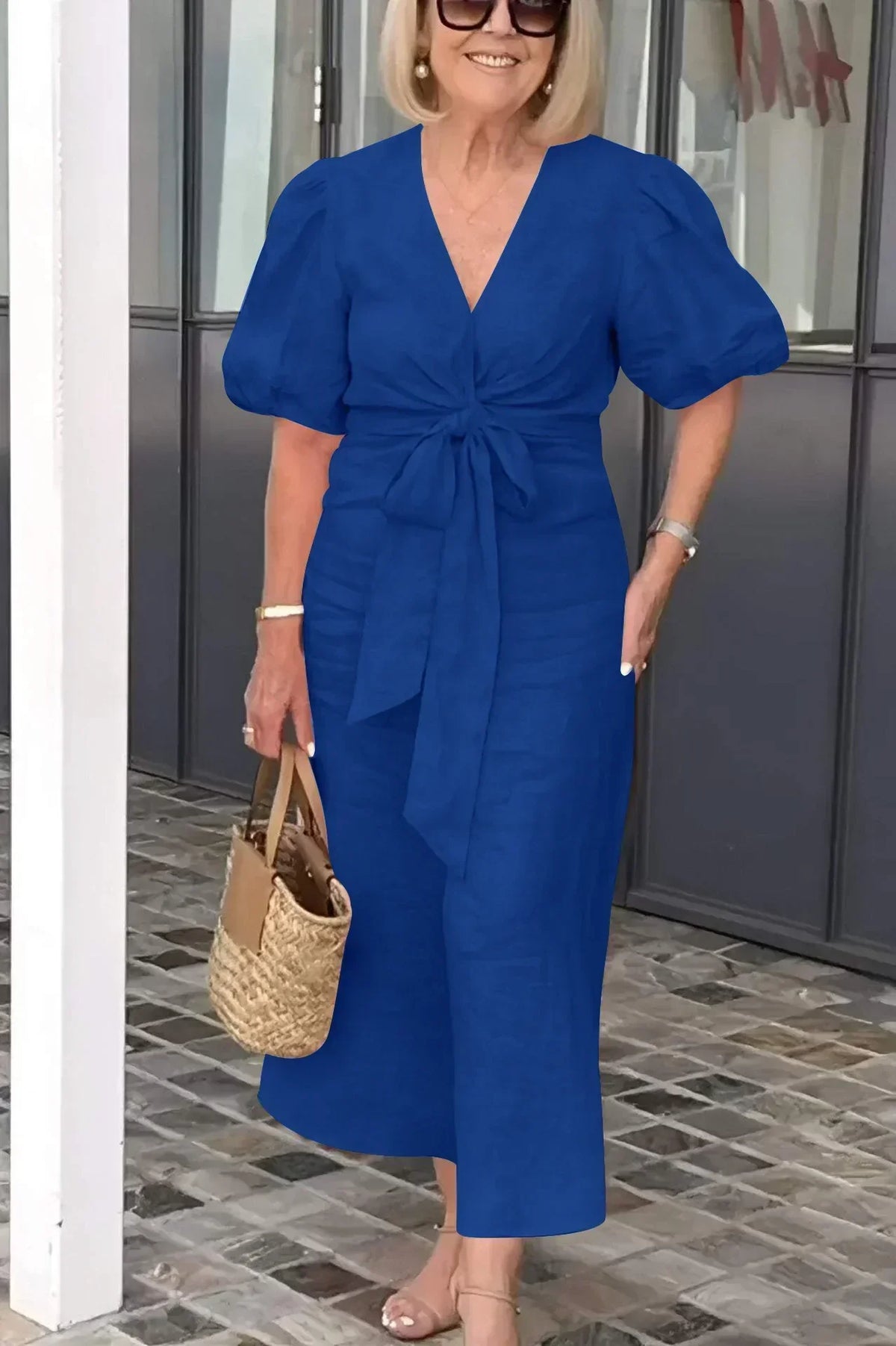 V-Neck Puff Sleeve Tie Front Linen Maxi Dress
