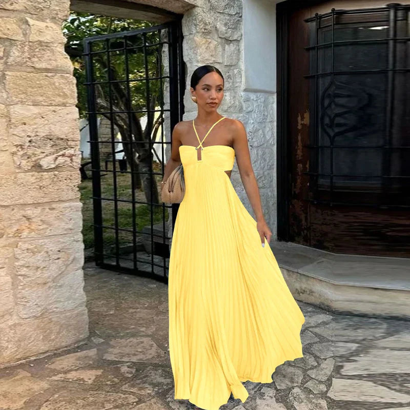 Pleated Blue Halter Maxi Dress