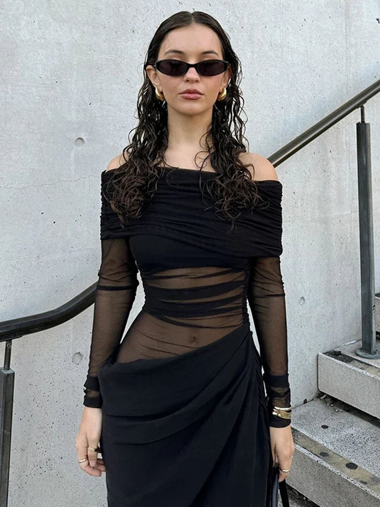 Mesh Patchwork Slash Neck Maxi Dress