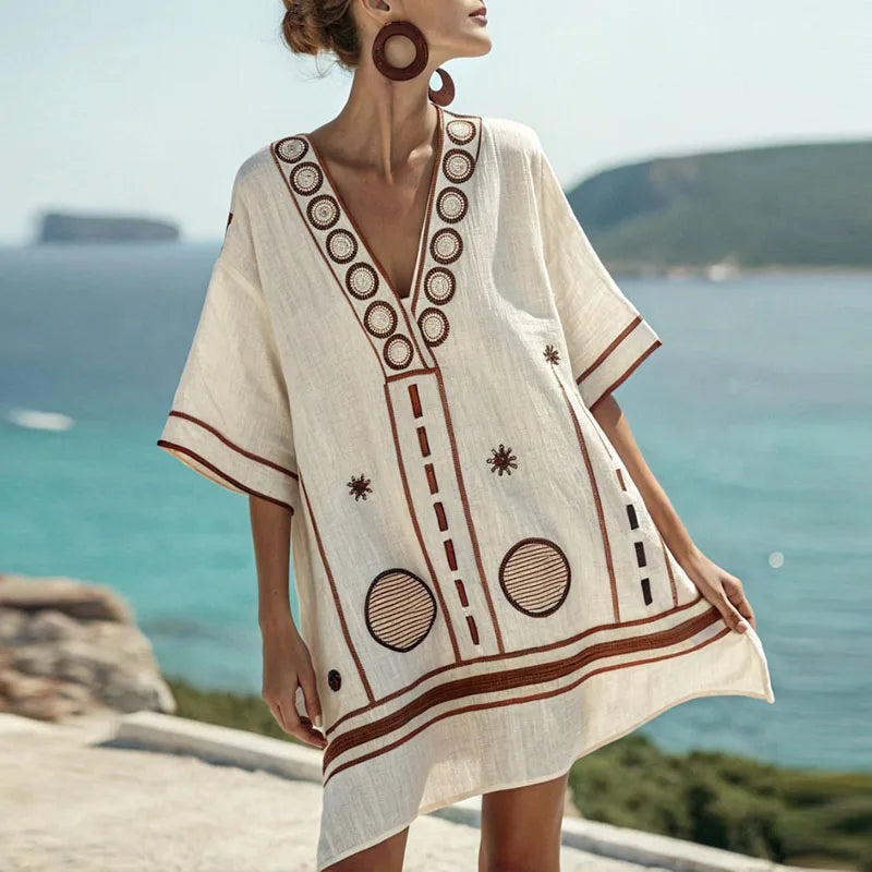 Black Orange Stripe V-Neck Embroidered Boho Half Sleeve Tunic Mini Dress