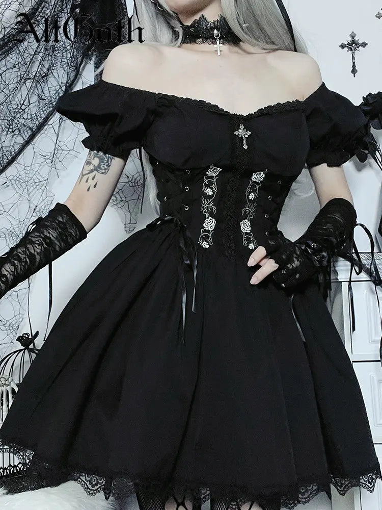 Gothic Lolita Lace Up Corset Embroidery Puff Sleeve Lace Hem Mini Dress 2