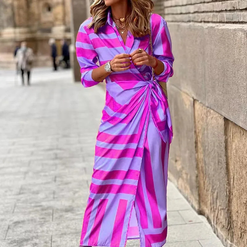 Collared Geometric Print Long Sleeve Twist Waist Bodycon Midi Dress