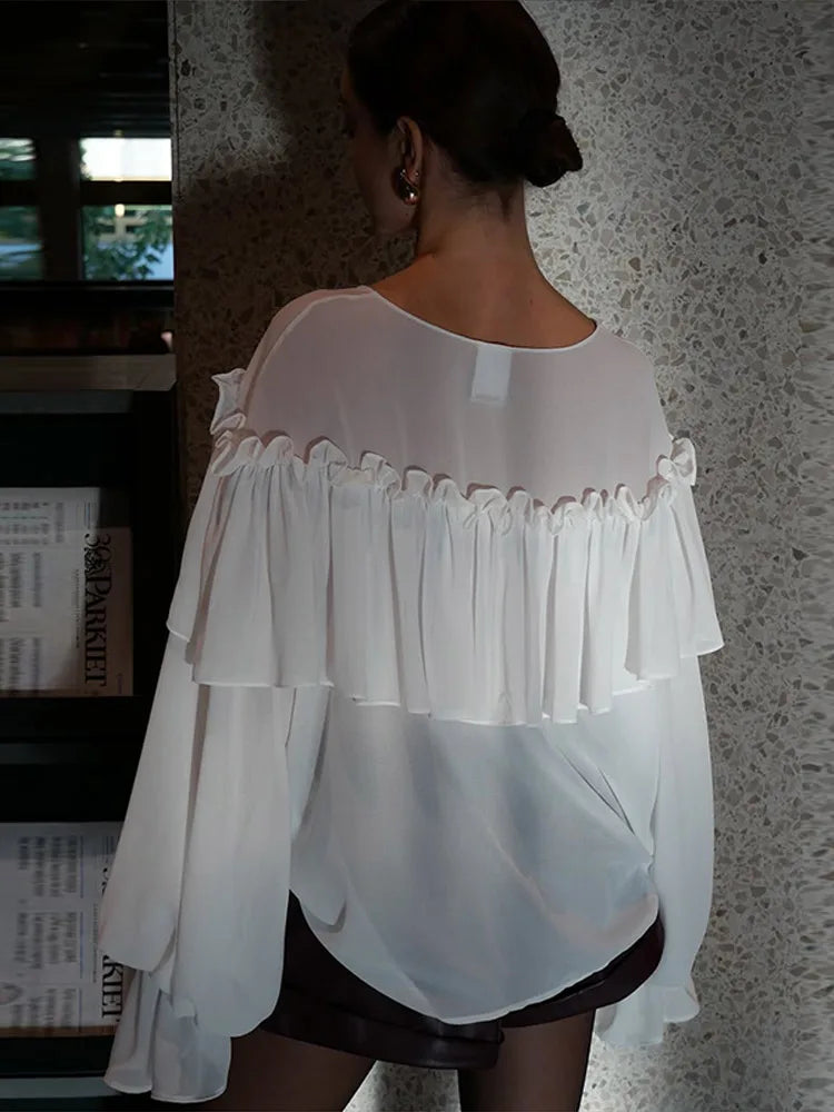 Pleated Layered Deep Vneck Pullover Blouse
