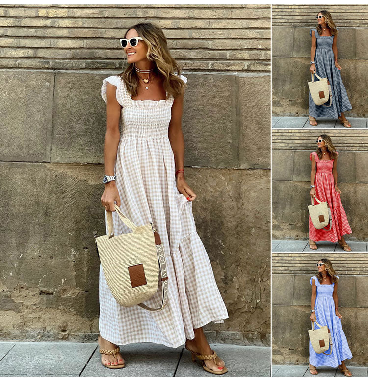 Square Neck Ruffle Strap Smocked Gingham Tiered Maxi Dress 8