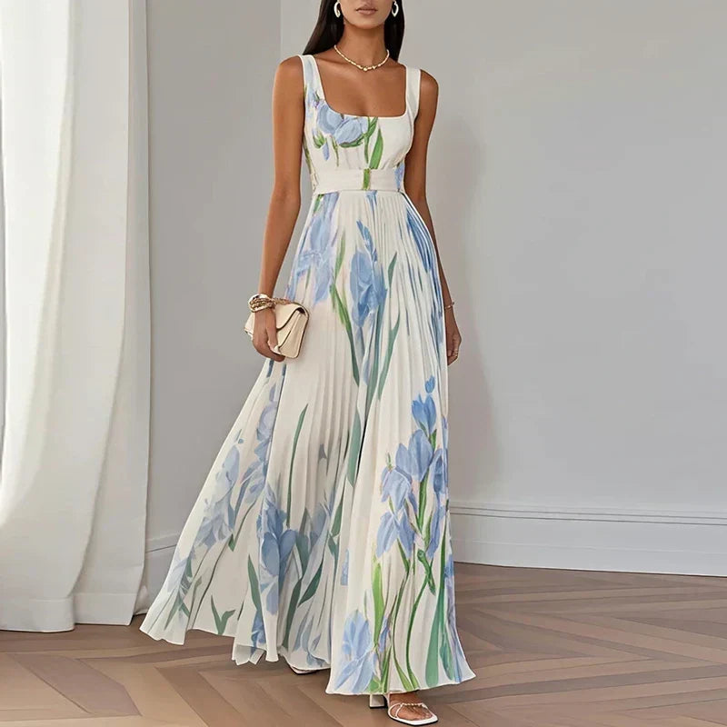 Square Neck Floral Sleeveless Pleated A-Line Maxi Dress 2
