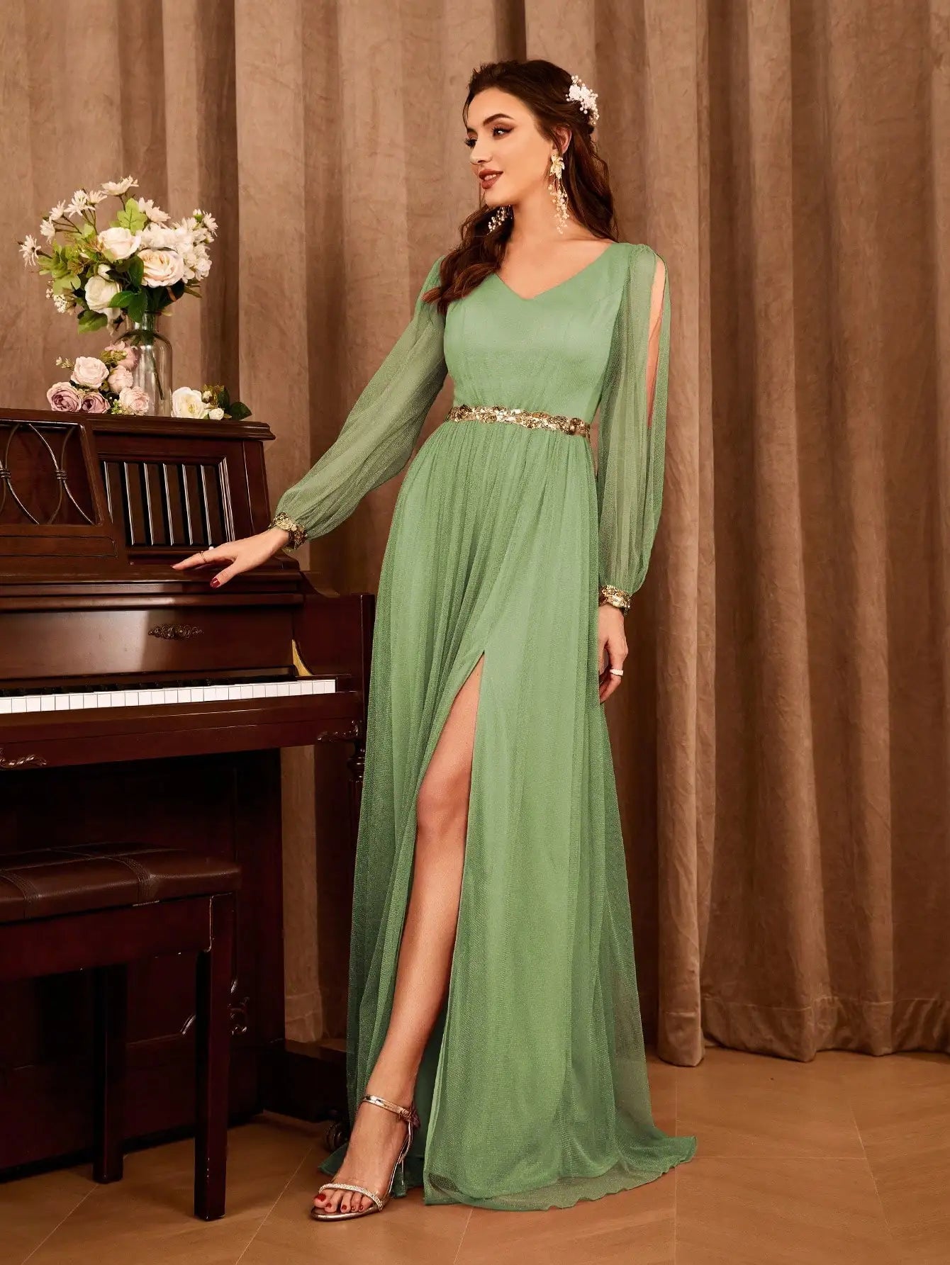 Gauze Applique Slit Vneck Maxi Dress
