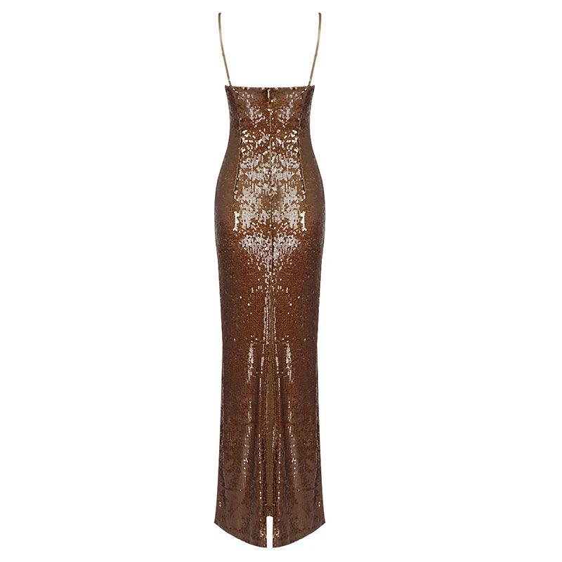 Brown Strapless Sweetheart Sequin Rosette Bodycon Maxi Dress 16