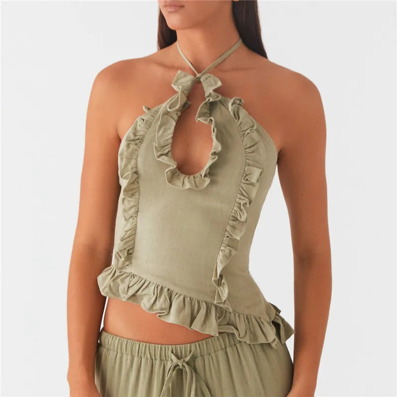 Ruffle Frill Cute Y2K Front Cutout Backless Cami Top