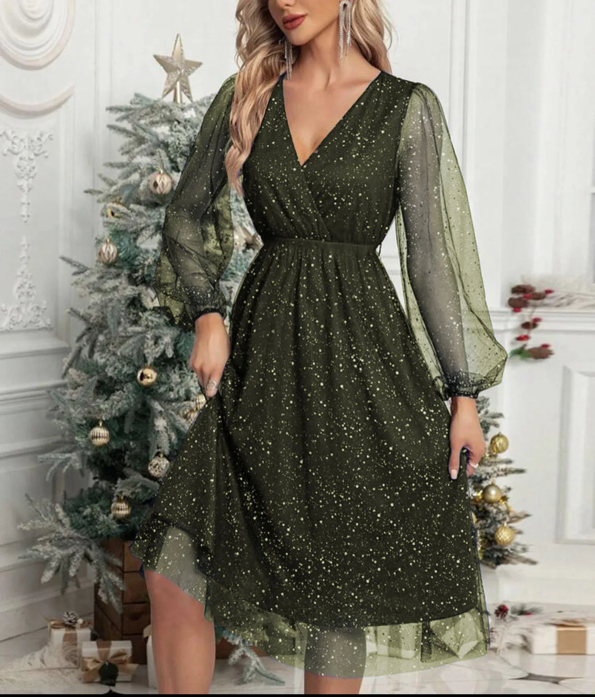 V-Neck Glitter Mesh Sheer Long Sleeve A-Line Midi Dress 4