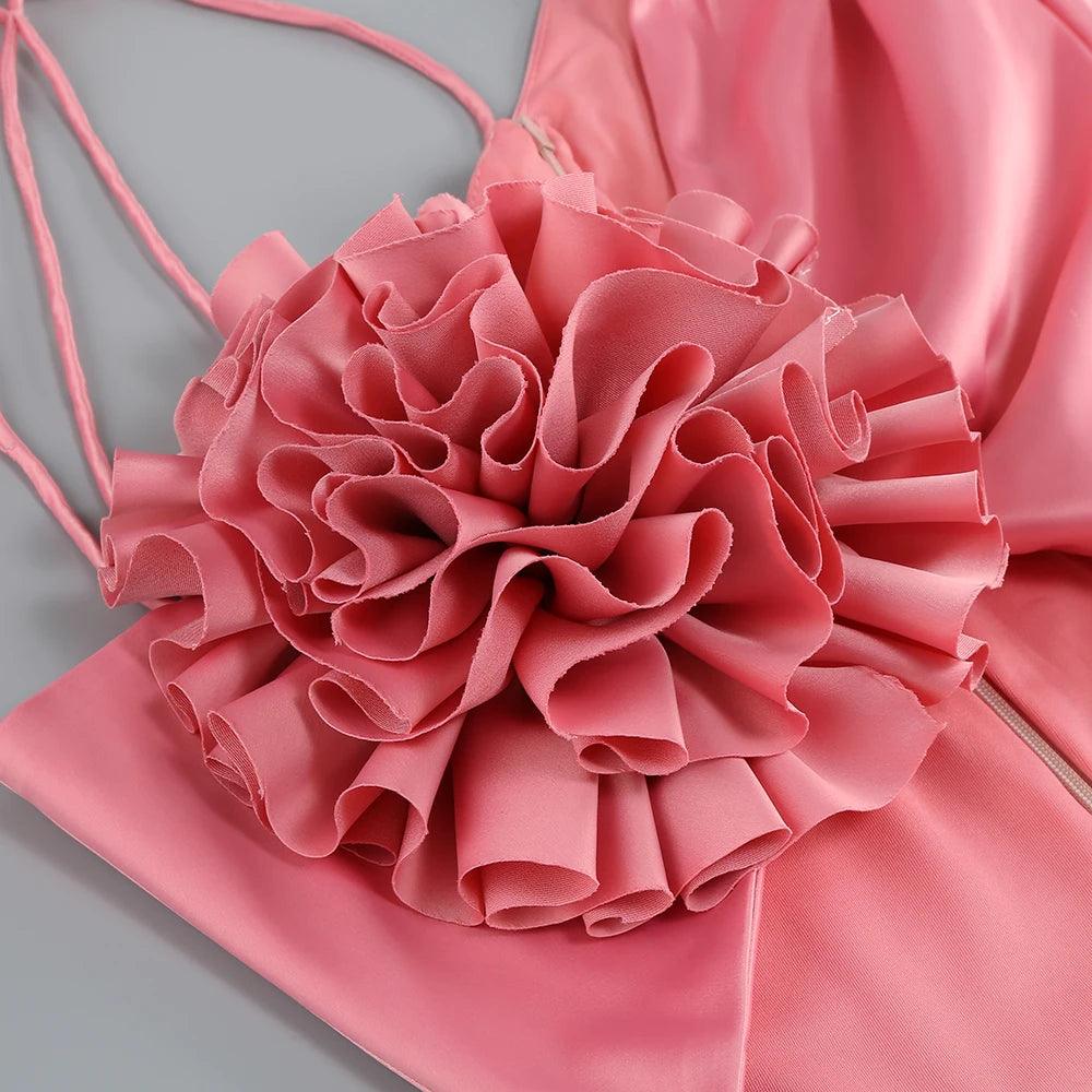Pink One Shoulder Rosette Satin Cutout Ruched Bodycon Mini Dress