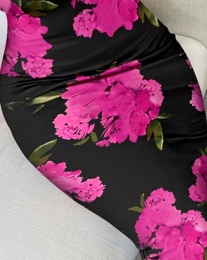 Uneck Lace Trim Bodycon Floral Dress