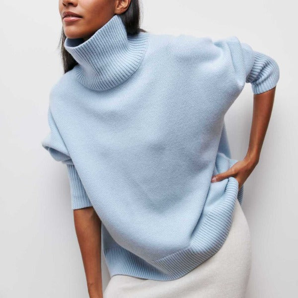 Turtleneck Ribbed Trim Short Sleeve Oversized Knit Sweater