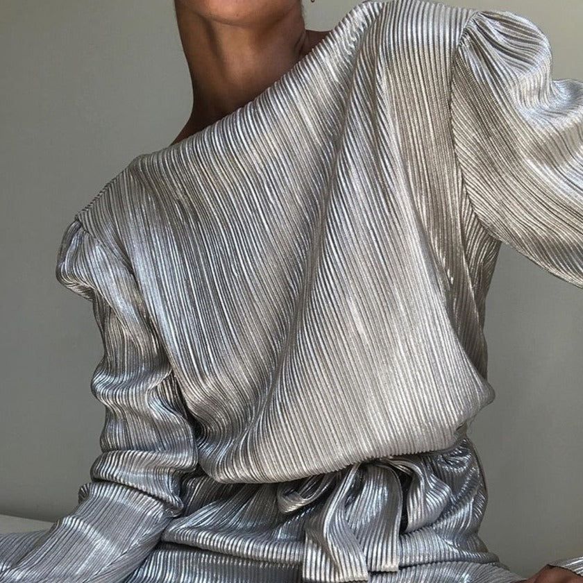 Silver Round Neck Metallic Pleated Long Sleeve Tie Waist A-Line Midi Dress