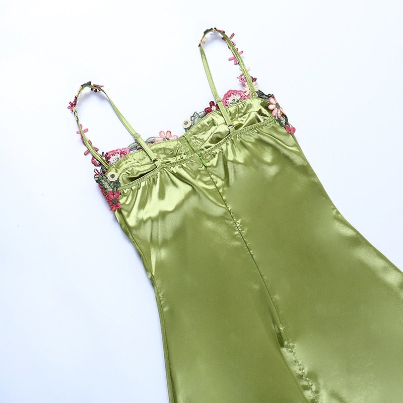Green Spaghetti Strap Floral Embroidered Bust Satin Bodycon Mini Dress