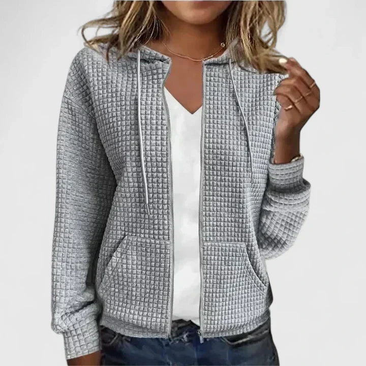 Hooded Waffle Knit Zip Front Drawstring Long Sleeve Hoodie Jacket