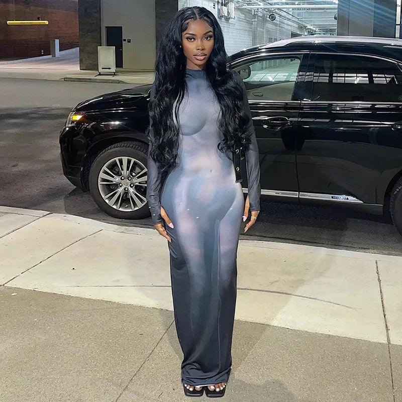 Blue Mock Neck Body Print Long Sleeve Bodycon Maxi Dress