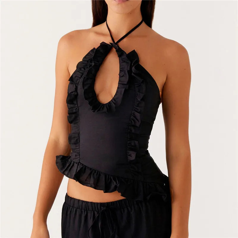 Ruffle Frill Cute Y2K Front Cutout Backless Cami Top