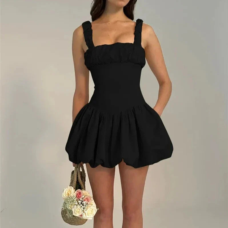 Square Neck Ruched Strap Corset Satin Bubble Hem Mini Dress