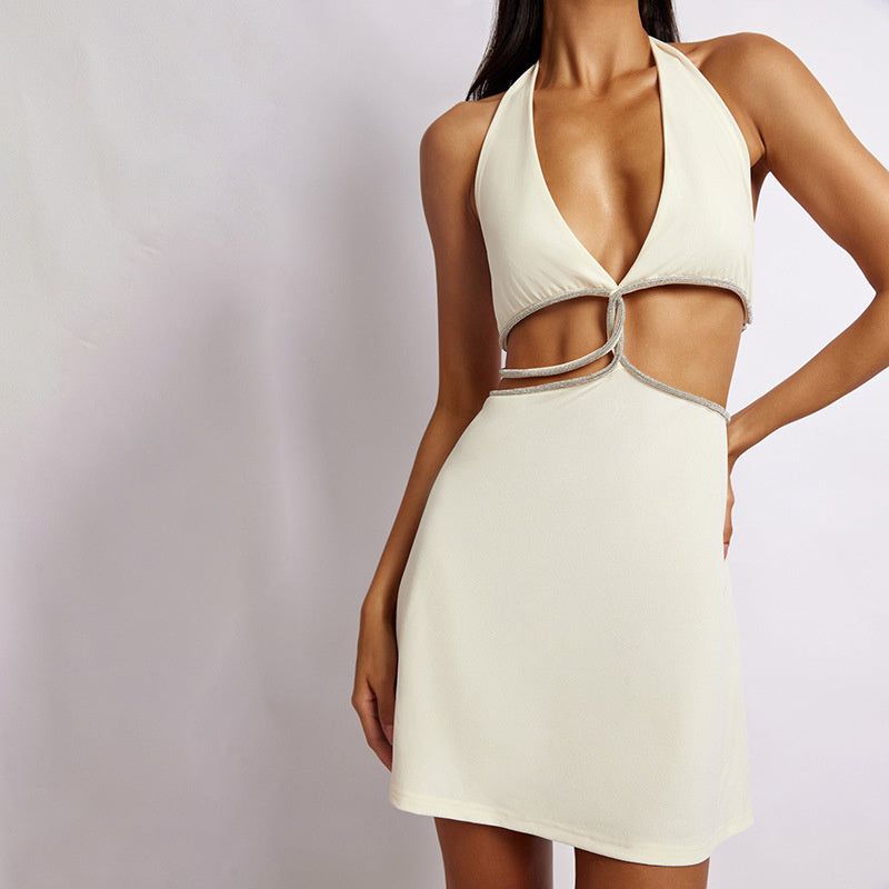 Halter Deep V Rhinestone Rope Twist Cutout Bodycon Mini Dress