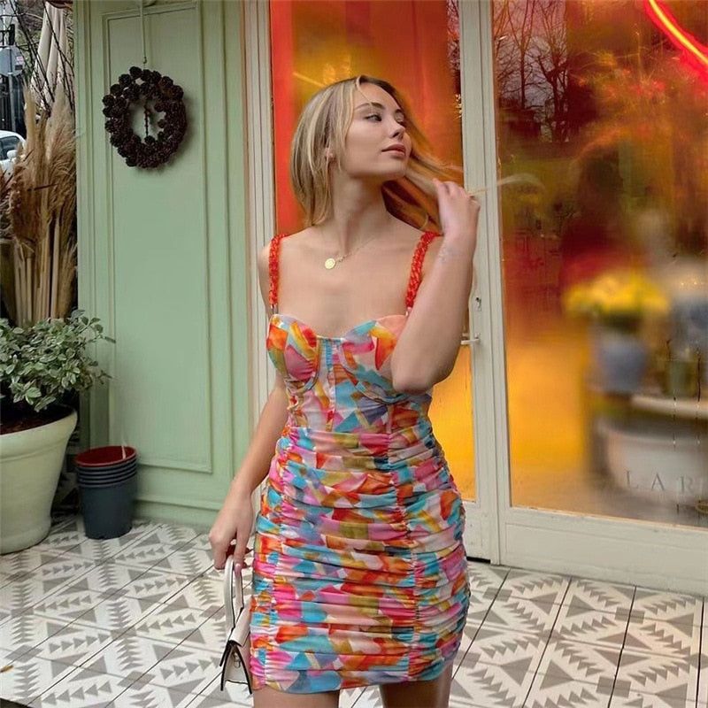 Sweetheart Neck Braided Strap Abstract Print Ruched Bodycon Mini Dress