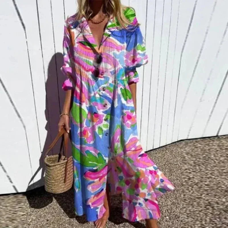 V-Neck Short Sleeve Watercolor Floral Tiered A-Line Maxi Dress