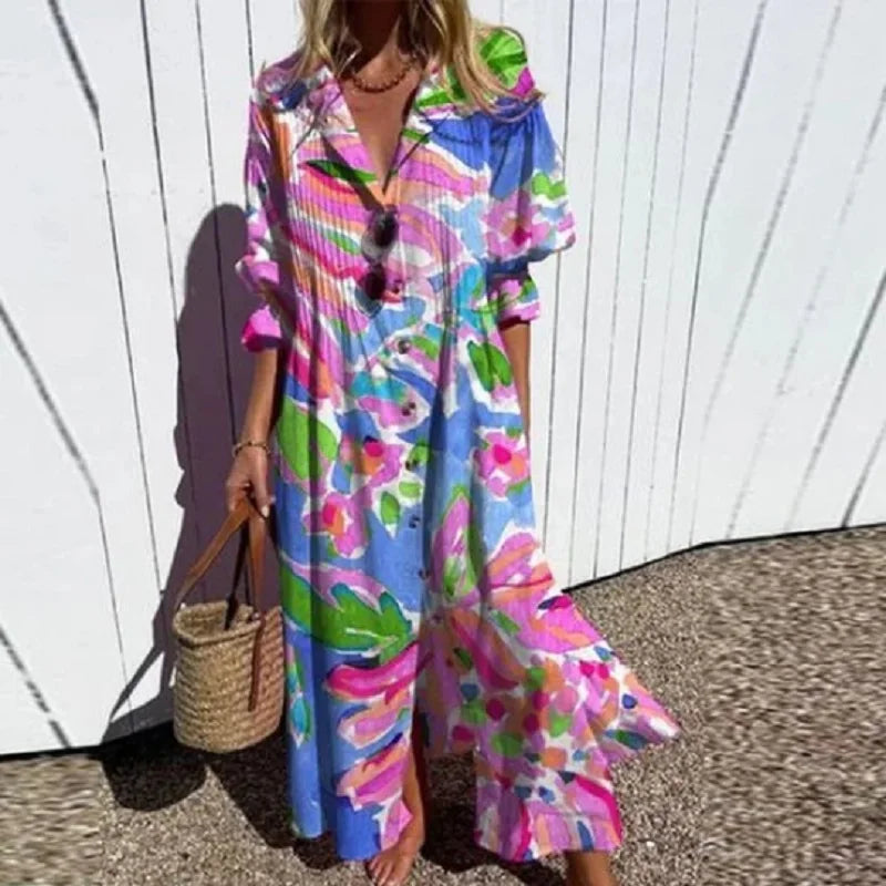 V-Neck Half Sleeve Abstract Floral Tiered Flowing A-Line Maxi Dress