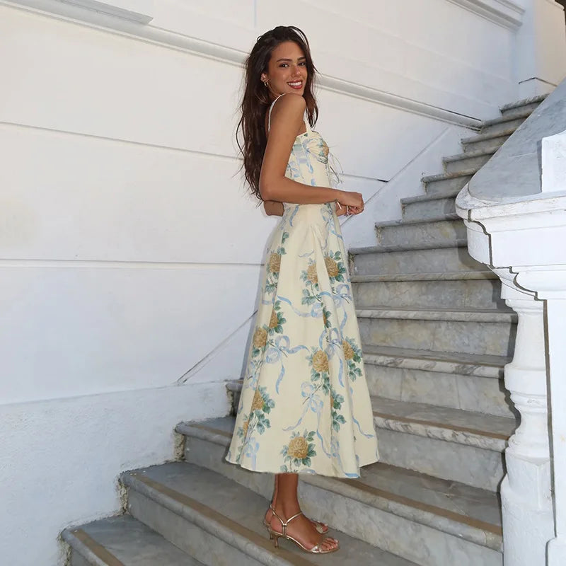 Pleated Print Aline Spaghetti Summer Dress