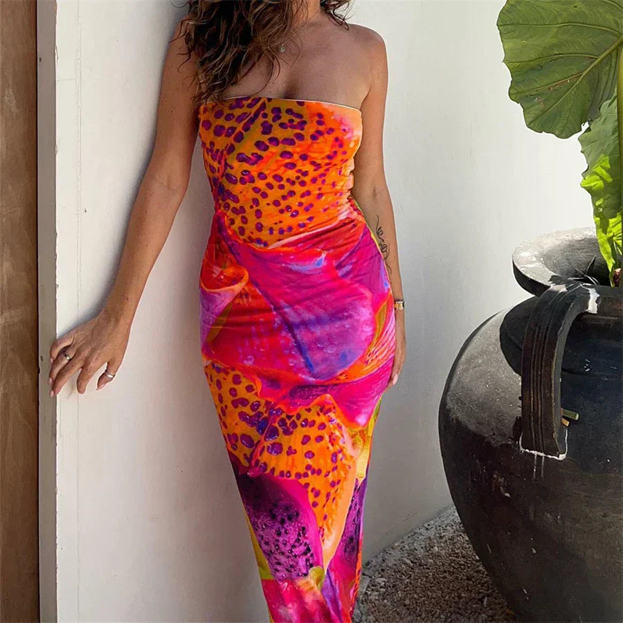 Leopard Print Strapless Maxi Dress