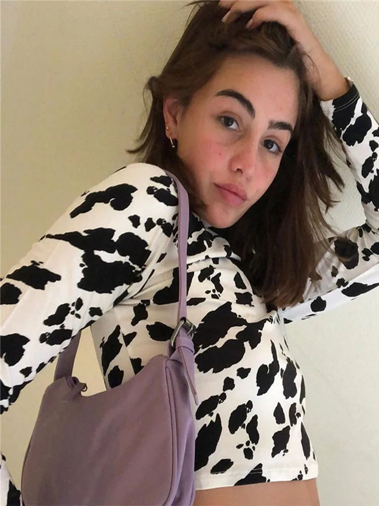 Milk Cow Print Slim Crop Sheer Top