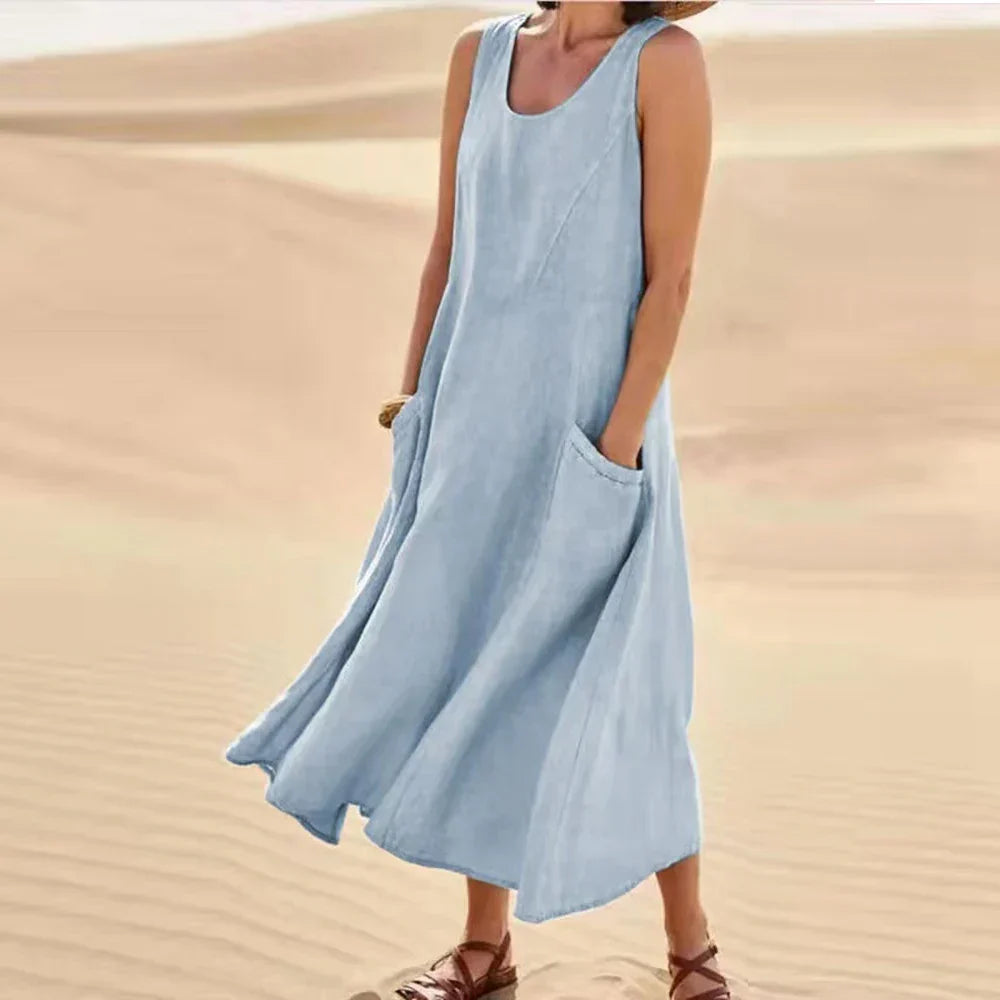 Brianna Boutique Women's Long Summer Dress in Cotton Linen with Pockets Premium Wardrobe Essential