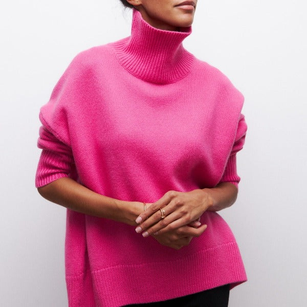 Turtleneck Ribbed Trim Short Sleeve Oversized Knit Sweater 4