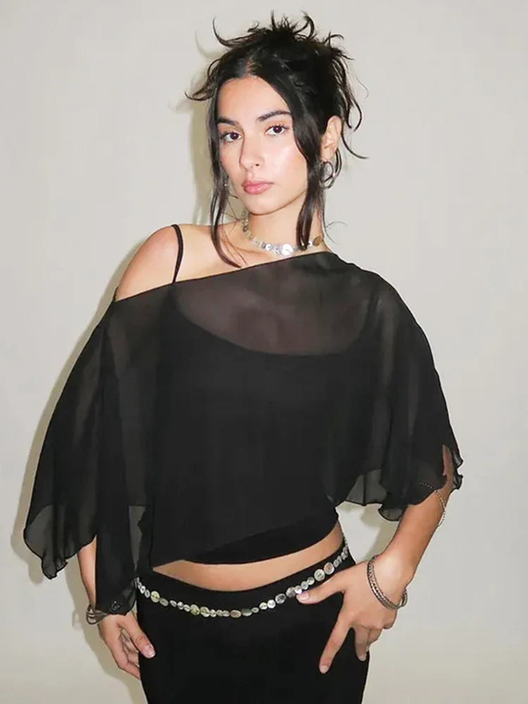 OneShoulder Mesh Crop Sheer Top