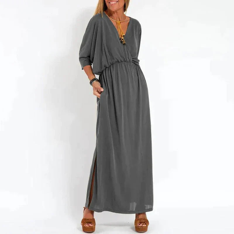 Guadalupe Exclusive Long Vintage Dress with Side Slit and High Waist Hen Chic Silhouette Collection