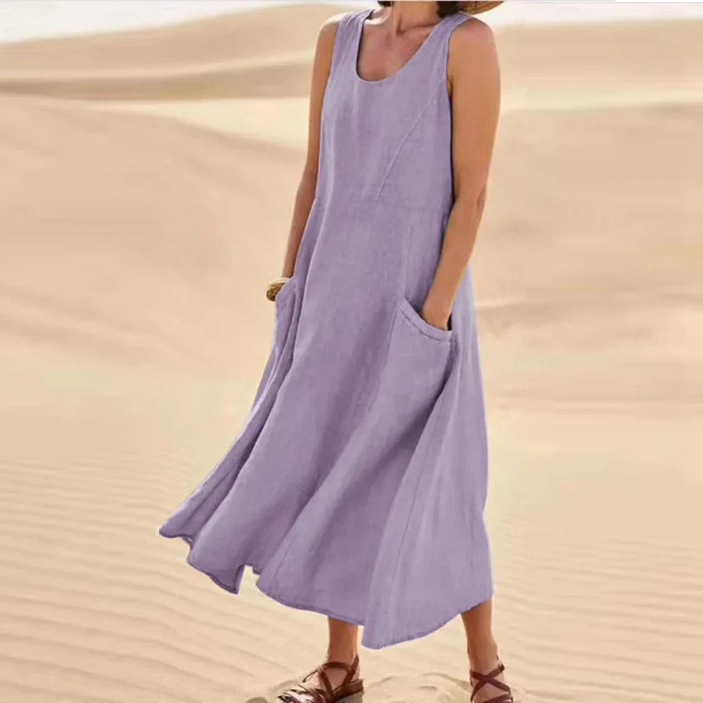 Brianna Boutique Women's Long Summer Dress in Cotton Linen with Pockets Premium Wardrobe Essential