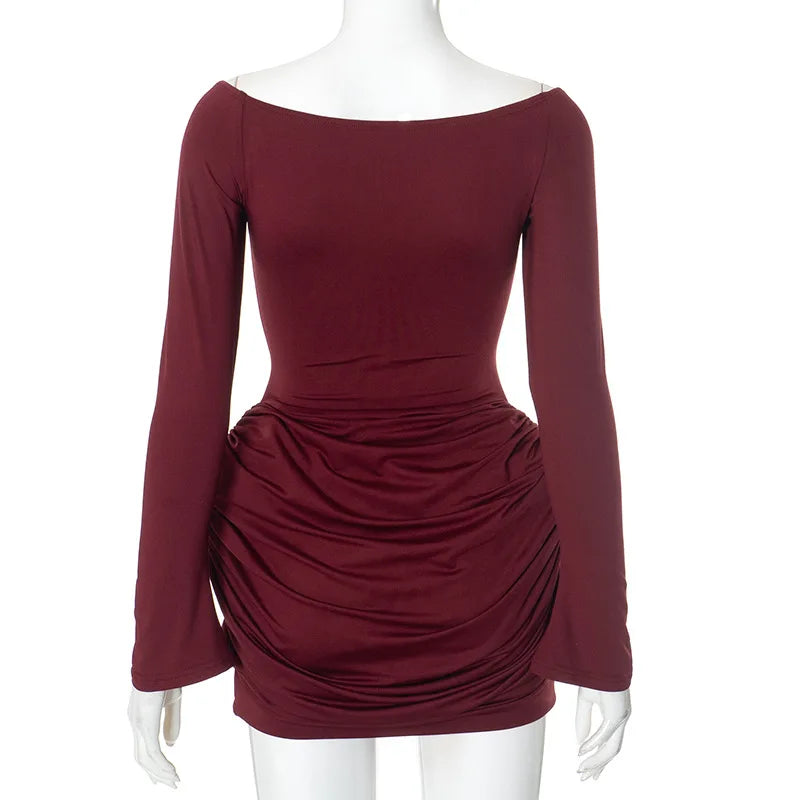Pleated Off - Shoulder Long Sleeve Mini Dress