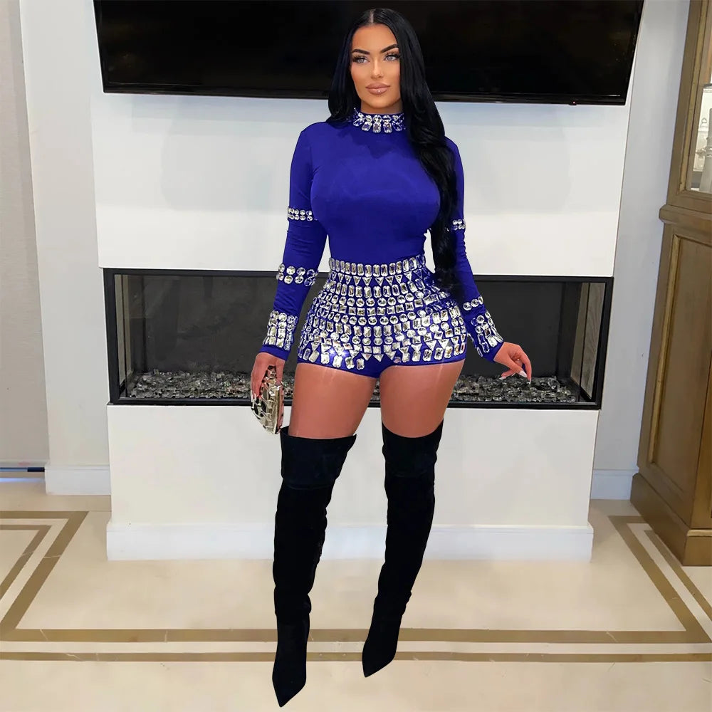Rhinestone Long Sleeve Club Party Romper