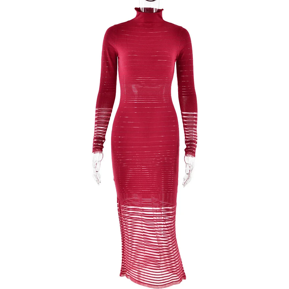 Striped Knitted Half High Collar Dress