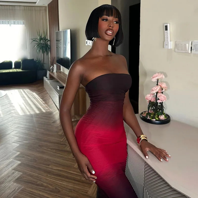Strapless Black - Red Gradient Long Dress