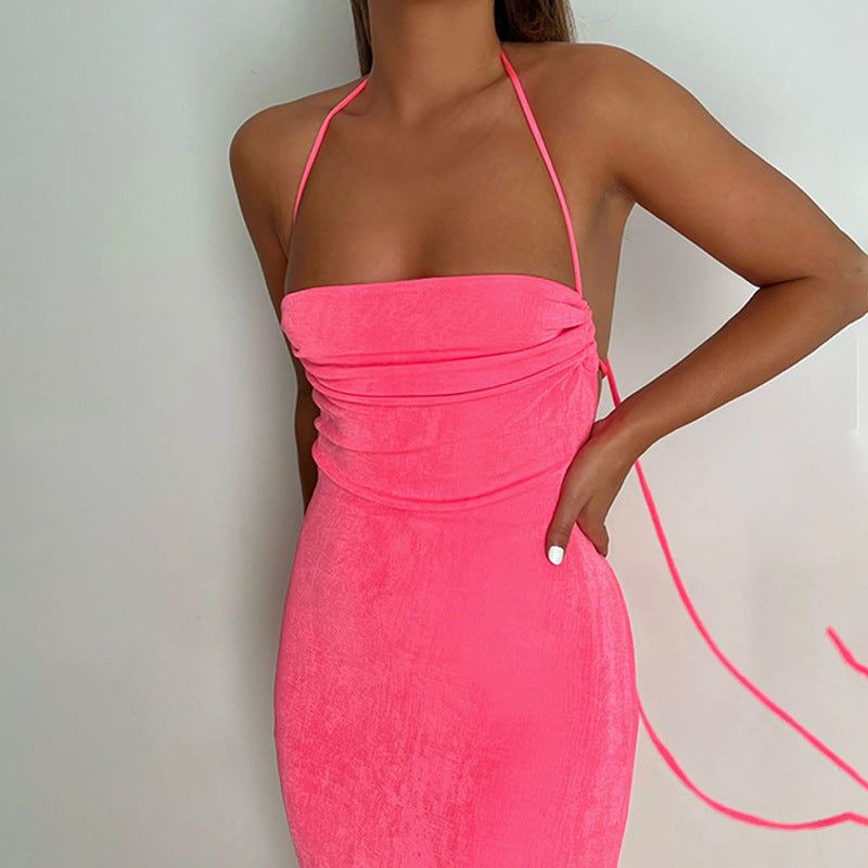 Halter Backless Lace-Up Draped Back Bodycon Maxi Dress