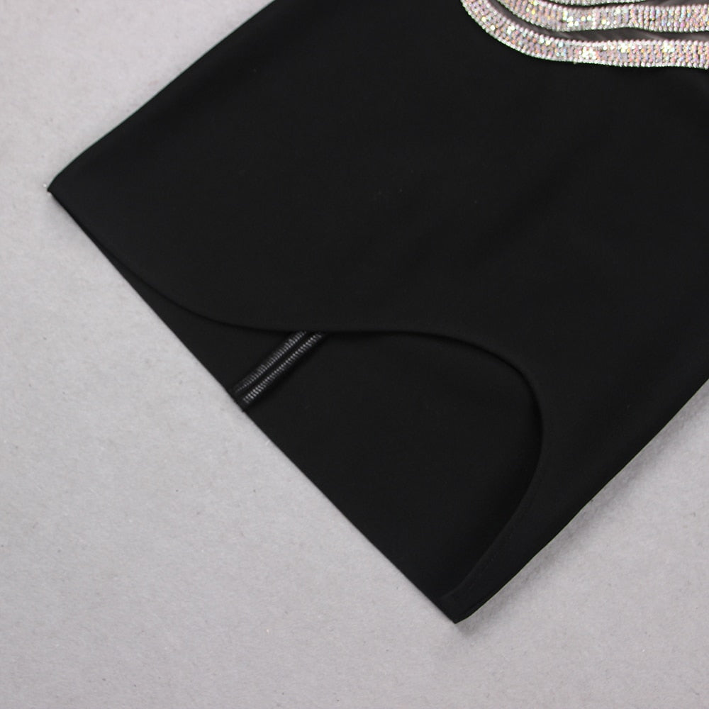 Black One Shoulder Rhinestone Chain Cutout High Slit Bodycon Mini Dress