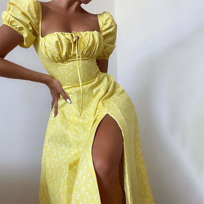 Split Short Sleeve A Line Floral Dress