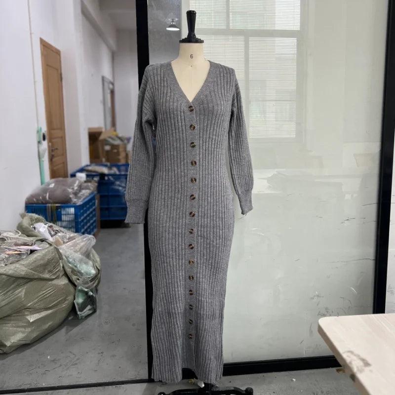 Elegant Modest Knitted Long Dress Loose Buttons Sweater Cardigans 2025 Fall Commuter Lady Fashionable Trendy Casual Woman Wear