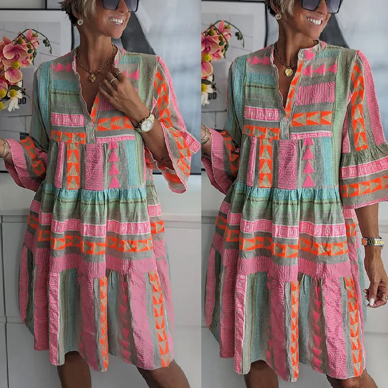 Split Neck Geometric Print Bell Sleeve Tiered A-Line Mini Dress