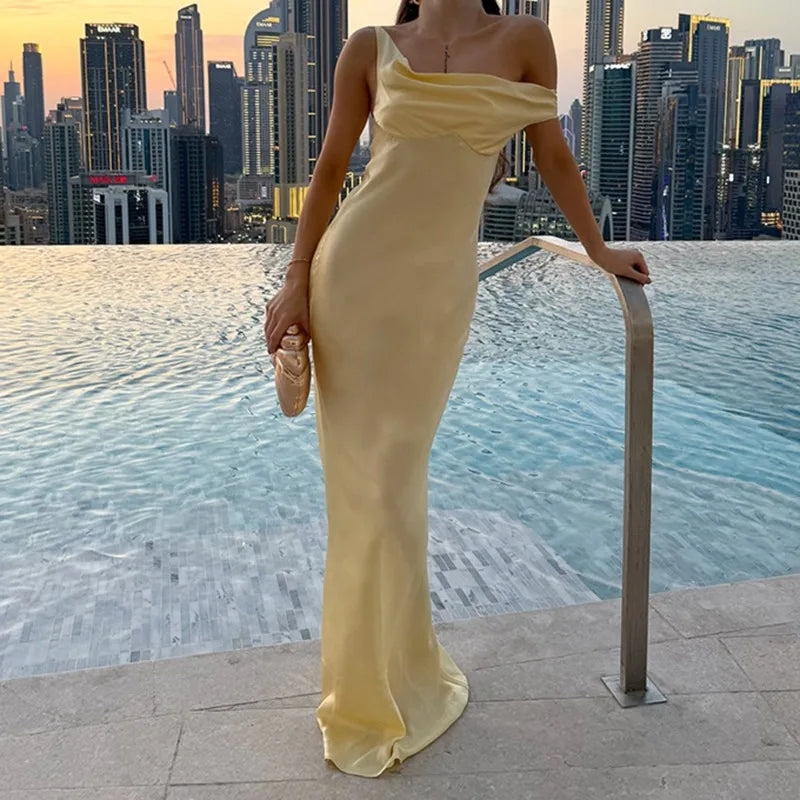 Satin One Shoulder Halter Maxi Dress
